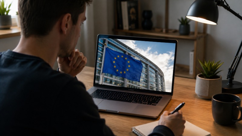 Vlajka Evropské unie a notebook s chatbotem, který upozorňuje, že jde o umělou inteligenci
