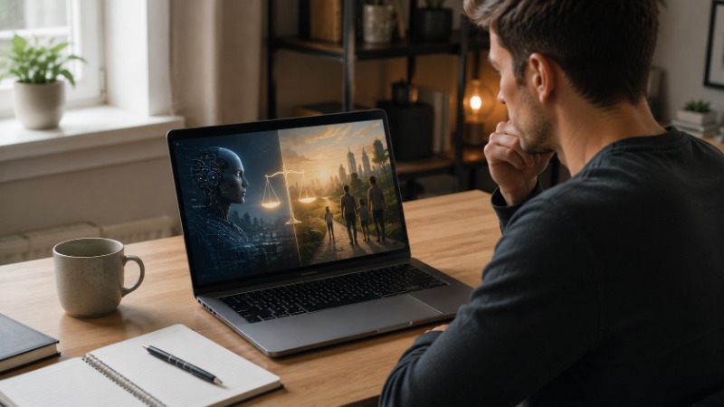 Muž přemýšlí nad notebookem o tom, jestli je umělá inteligence spíš hrozba, nebo příležitost