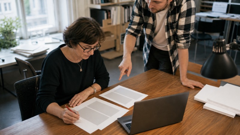 Redaktorka porovnává na monitoru původní český text s verzí opravenou umělou inteligencí