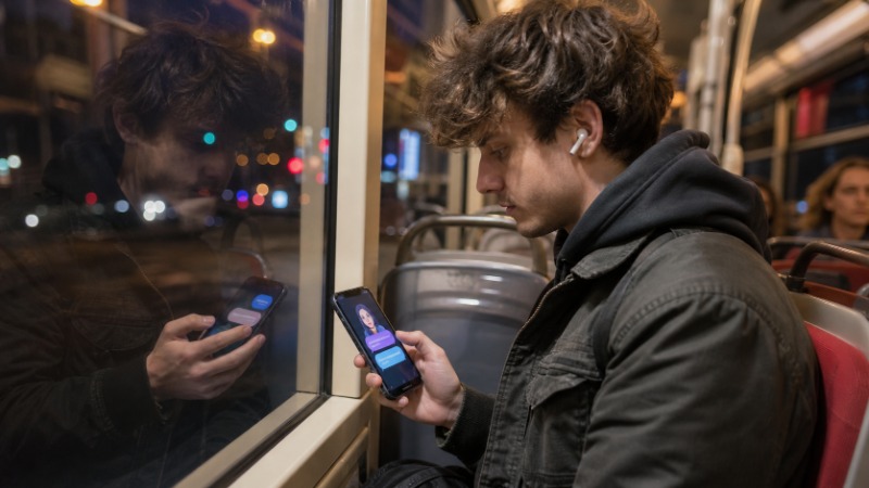 Smartphone se zobrazenou chatovací konverzací s AI společníkem na obrazovce