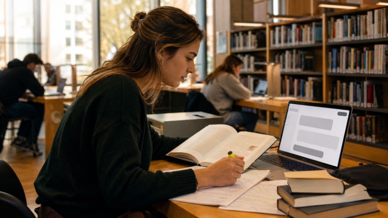Student sedí večer u stolu s otevřenými poznámkami a notebookem, na obrazovce okno chatovací AI aplikace