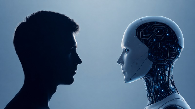 Silueta lidské hlavy a hlavy robota naproti sobě jako symbol srovnání schopností člověka a umělé inteligence