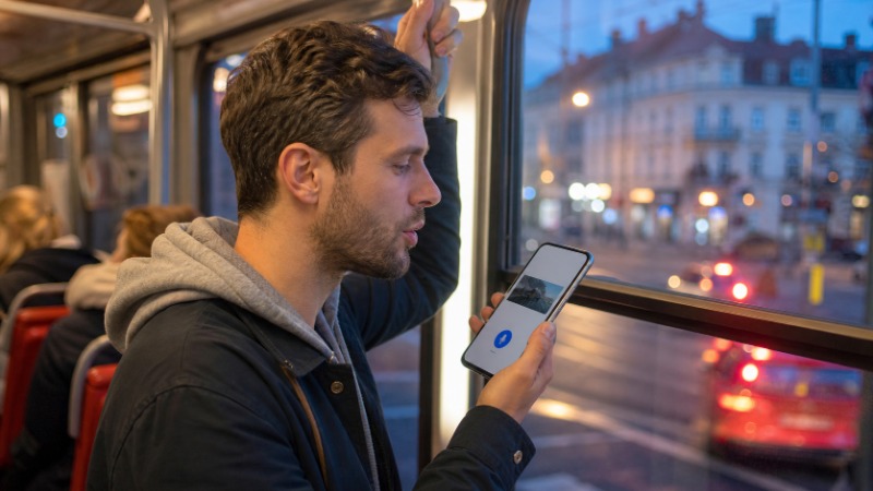 Ruce drží chytrý telefon s otevřenou aplikací ChatGPT, na pozadí rozostřené prostředí kavárny
