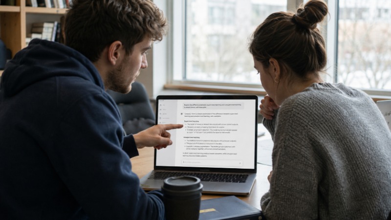 Dva studenti sedí v knihovně nad otevřenými laptopy a diskutují o textu na obrazovce, jeden ukazuje prstem na displej