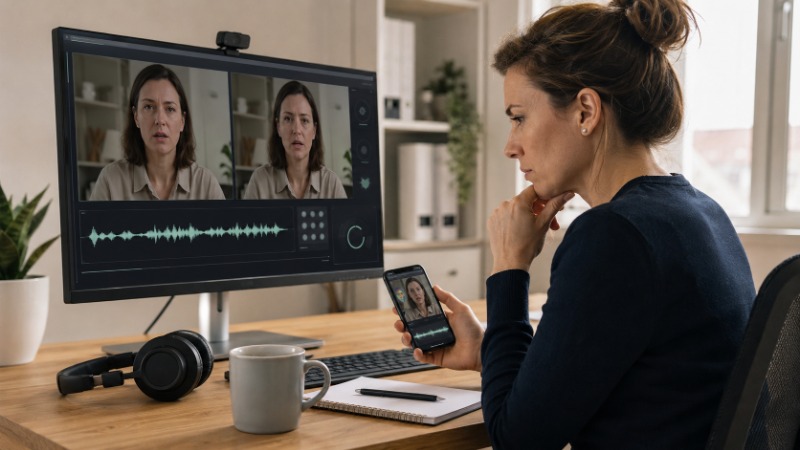 Zpomalený záběr obličeje na obrazovce s viditelným rozostřením okraje tváře, které prozrazuje zmanipulované video