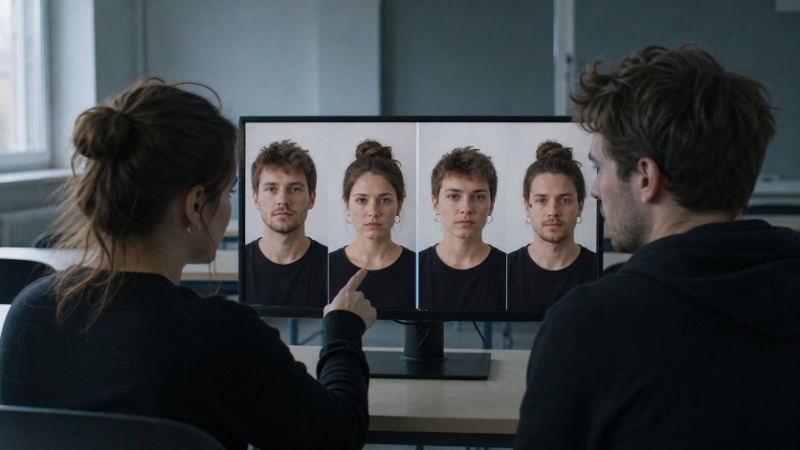 Muž u počítače porovnává na monitoru původní portrét a stejnou fotografii s prohozeným obličejem