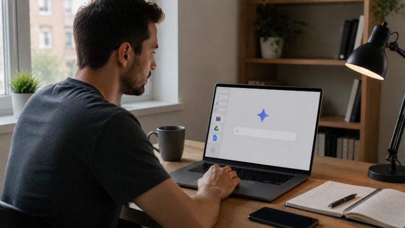 Muž pracuje na notebooku s otevřeným Gemini vedle e-mailové schránky, ranní světlo v domácí pracovně