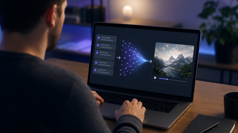 Muž doma prochází obývacím pokojem s telefonem v ruce a mimochodem se dívá na displej, kde běží krátké AI vygenerované video skákajícího psa