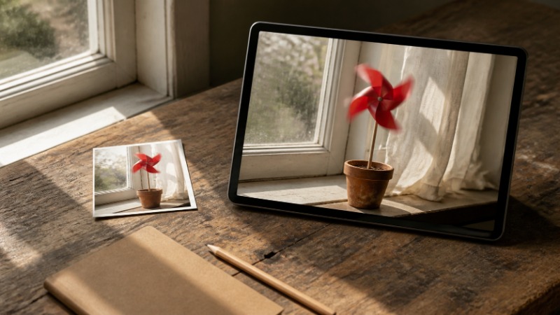 Notebook s otevřeným rozhraním generátoru videa Kling AI, na obrazovce nahraná fotografie a náhled krátkého klipu