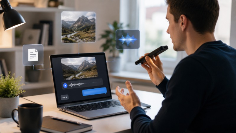 Ruka drží telefon s fotkou popsanou AI asistentem, na pozadí rozostřený hlasový záznam v mobilní aplikaci