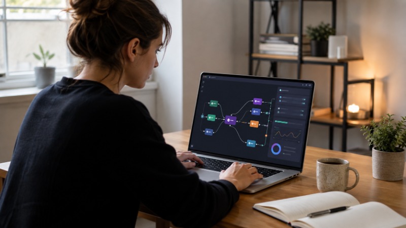 Plátno automatizační platformy n8n s propojenými uzly workflow a připojeným uzlem AI agenta