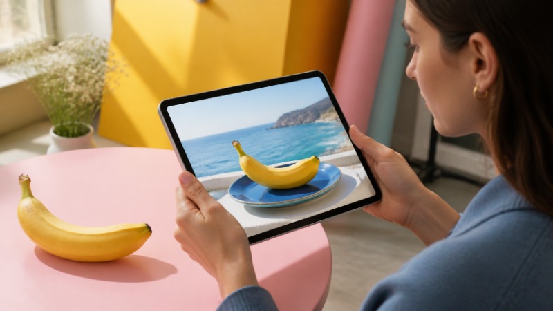 Notebook s rozhraním Gemini, na obrazovce původní fotografie a vedle ní tři upravené verze stejné scény