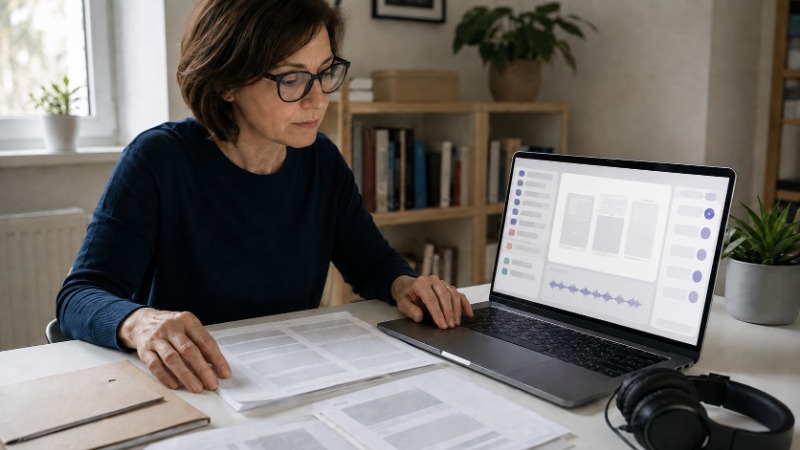 Student pracuje v aplikaci NotebookLM s nahranými dokumenty a poslouchá vygenerovaný audio přehled
