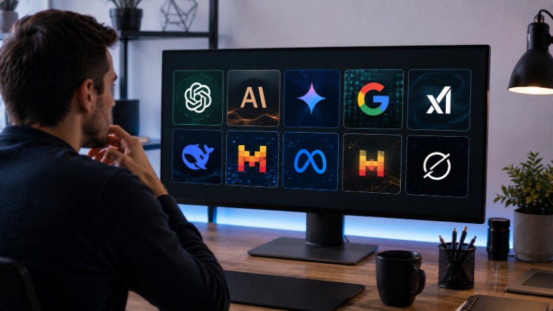 Stylizovaná mapa s ikonami různých AI chatbotů a modelů jako vizuální přehled velkých AI firem v roce 2026