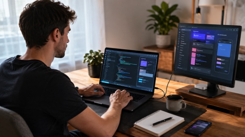Vývojář u dvou monitorů pracuje na kódu s pomocí AI asistenta přímo v editoru