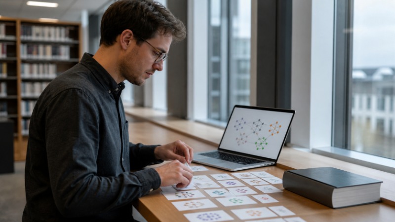Otevřený sešit se seznamem zkratek vedle notebooku se zapnutým oknem AI chatbotu