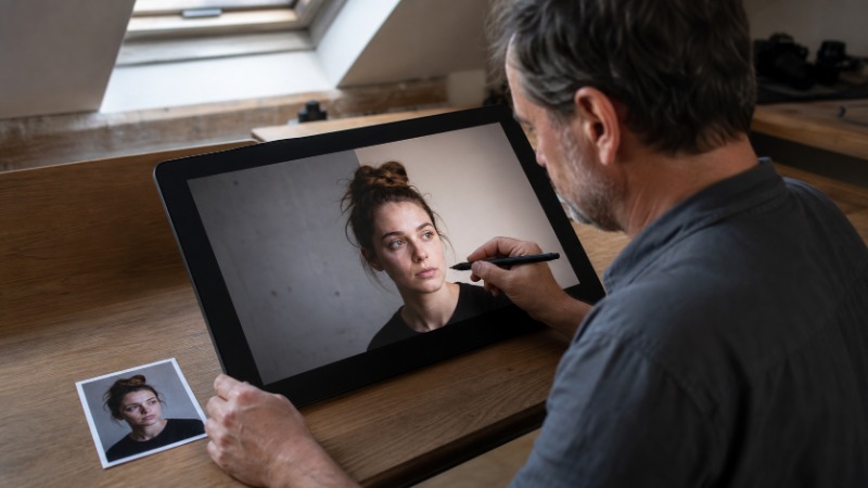 Notebook s otevřeným fotoeditorem, na obrazovce původní snímek nábřeží vedle upravené verze bez kolemjdoucích v pozadí